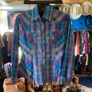 Plaid Button-Up Shirt in Blue and Purple